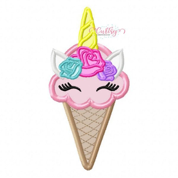 Unicorn Ice Cream Cone Applique Embroidery Design