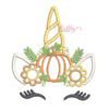 Thanksgiving unicorn applique design with pumpkin, fall flowers, golden horn and eyelashes