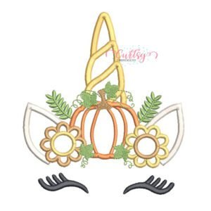 Thanksgiving unicorn applique design with pumpkin, fall flowers, golden horn and eyelashes