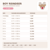 Boy reindeer applique size chart showing 10 finished measurements, stitch counts, and included embroidery file formats.