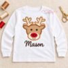 Open white shirt with the boy reindeer applique and the name Mason embroidered beneath it.