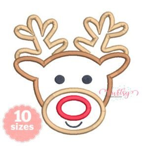 Boy Reindeer Applique embroidery design on a plain white background, with stitched antlers and a red nose.