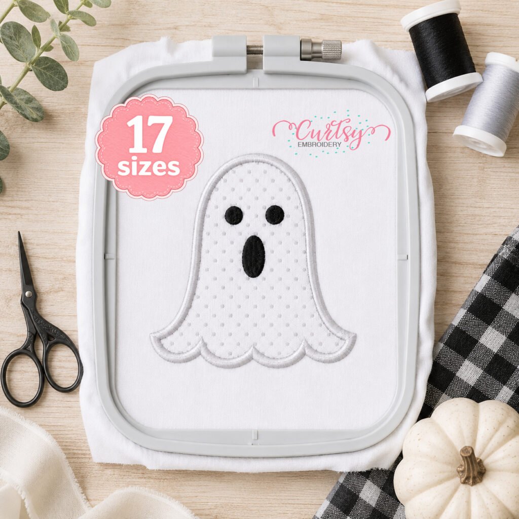 Ghost applique design stitched in a plastic machine embroidery hoop