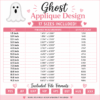 Ghost applique embroidery design size chart with 17 sizes from 1.5 to 9.5 inches