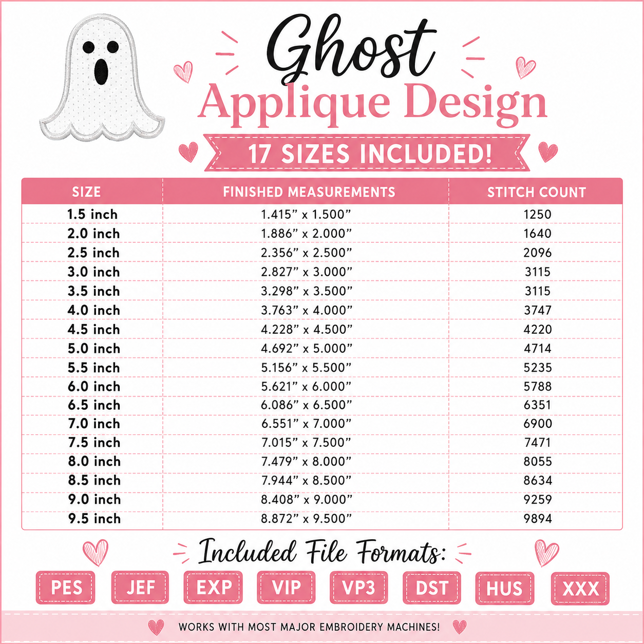 Ghost applique embroidery design size chart with 17 sizes from 1.5 to 9.5 inches