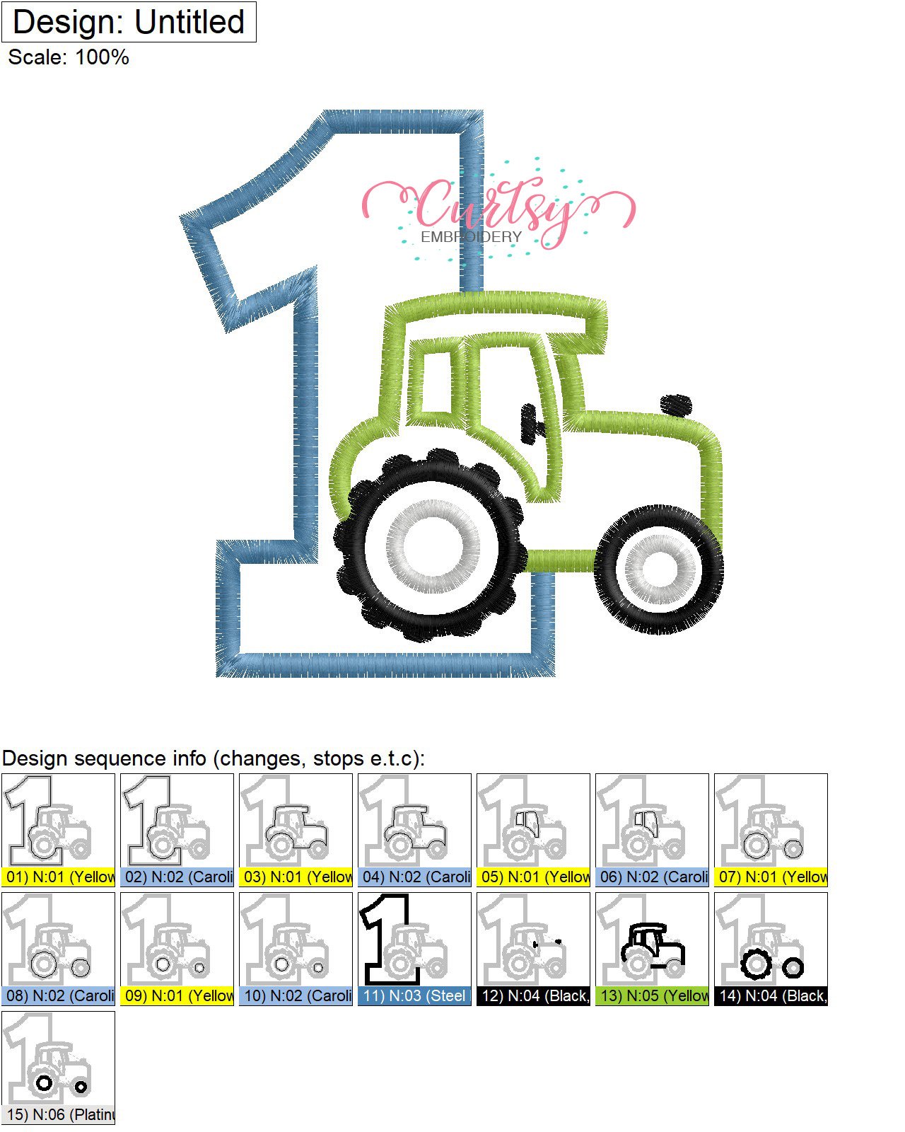 1 Tractor Applique Stitch Map