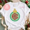 Christmas ornament applique machine embroidery design personalized with monogram on white shirt