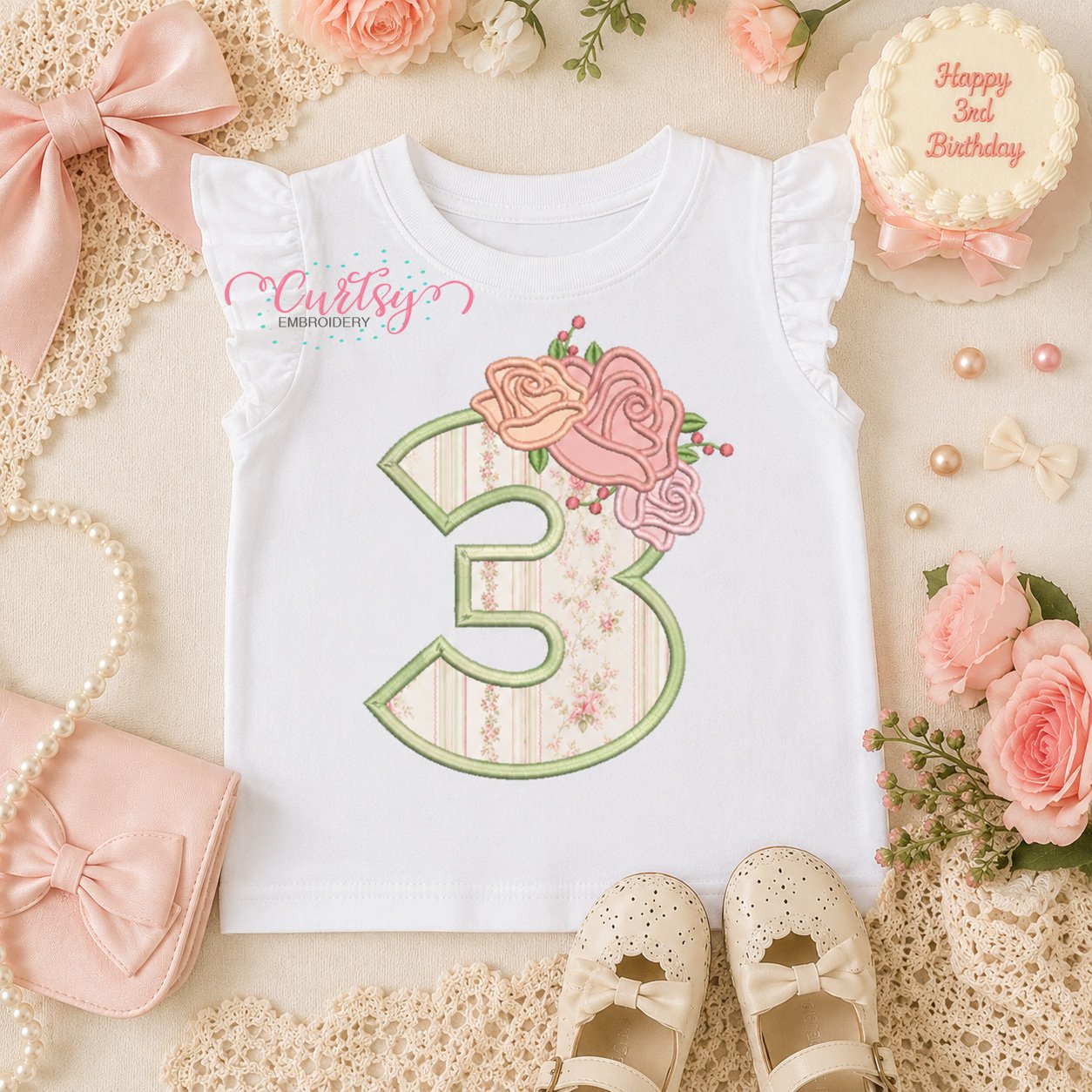 3rd Birthday Roses Applique Design _ Logo 1
