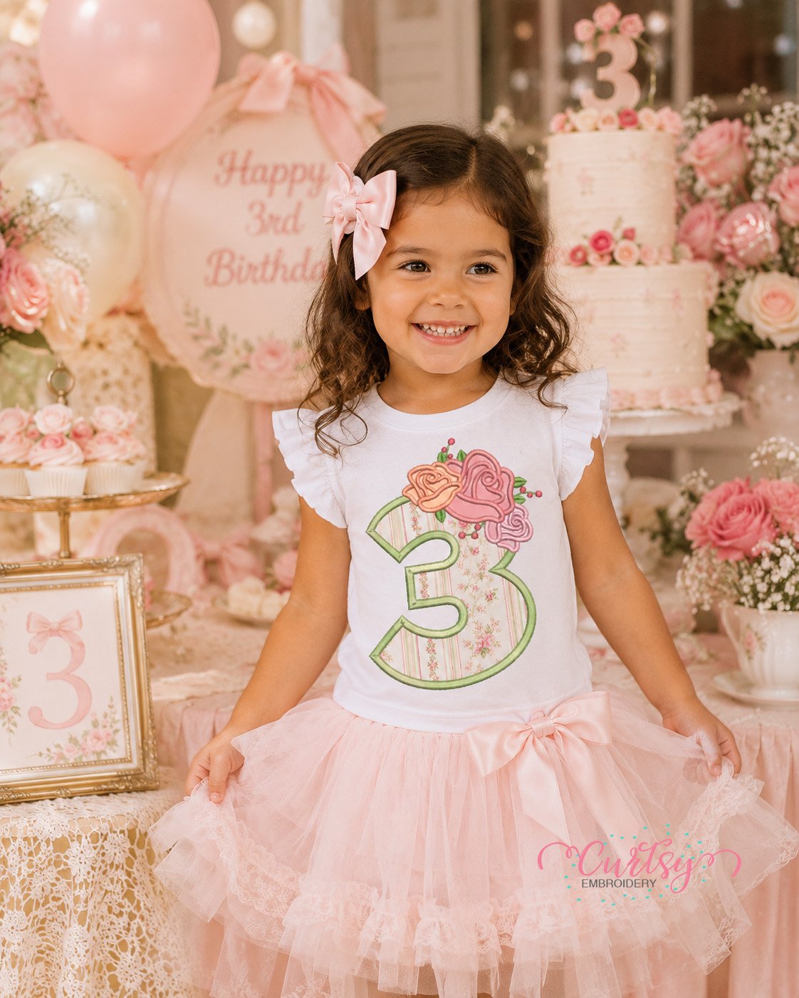 3rd Birthday Roses Applique Design _ Logo 2