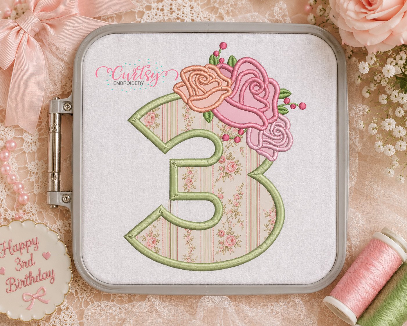 3rd Birthday Roses Applique Design _ Logo 3