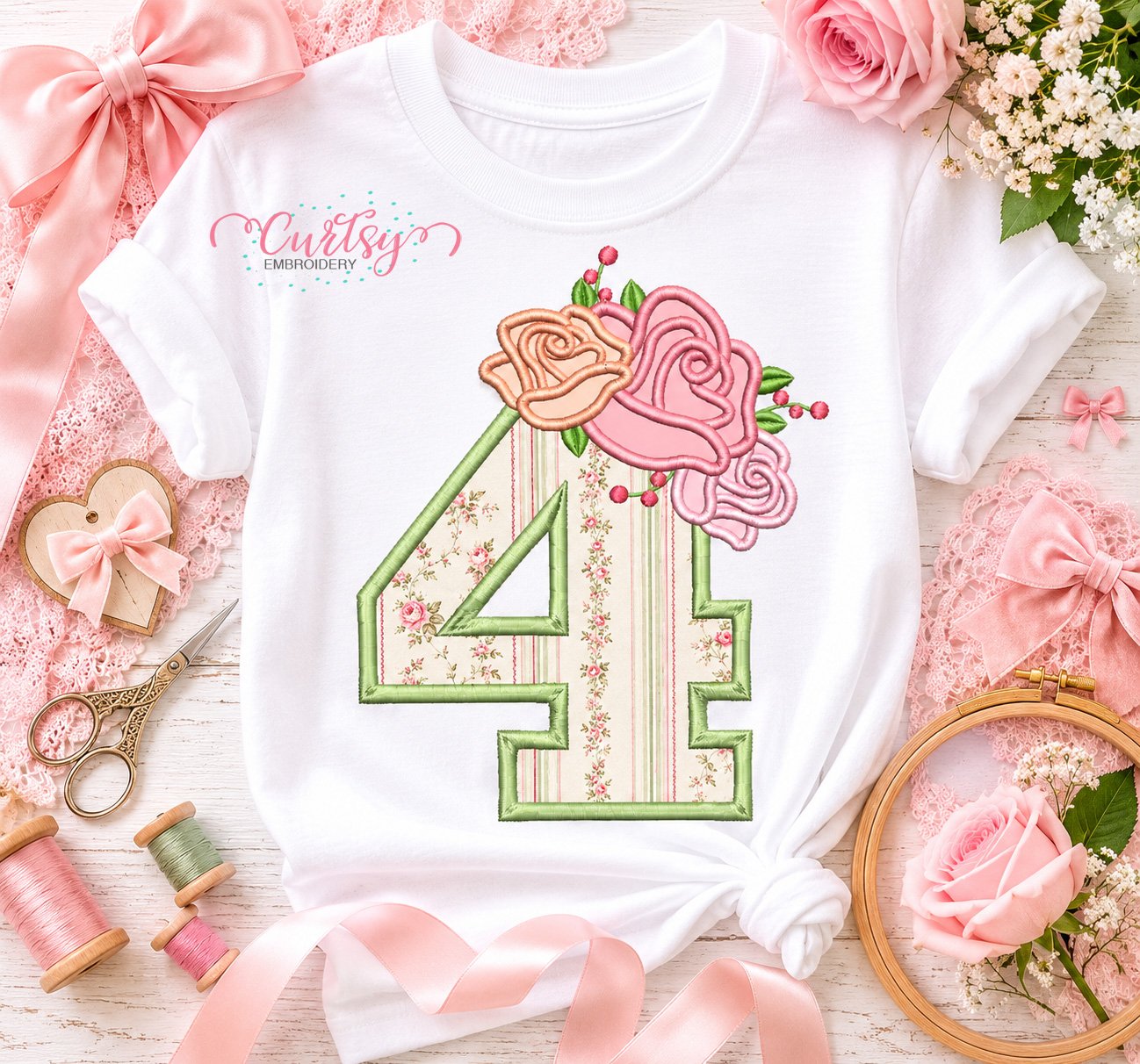 4th Birthday Roses Applique Design _ Logo 1