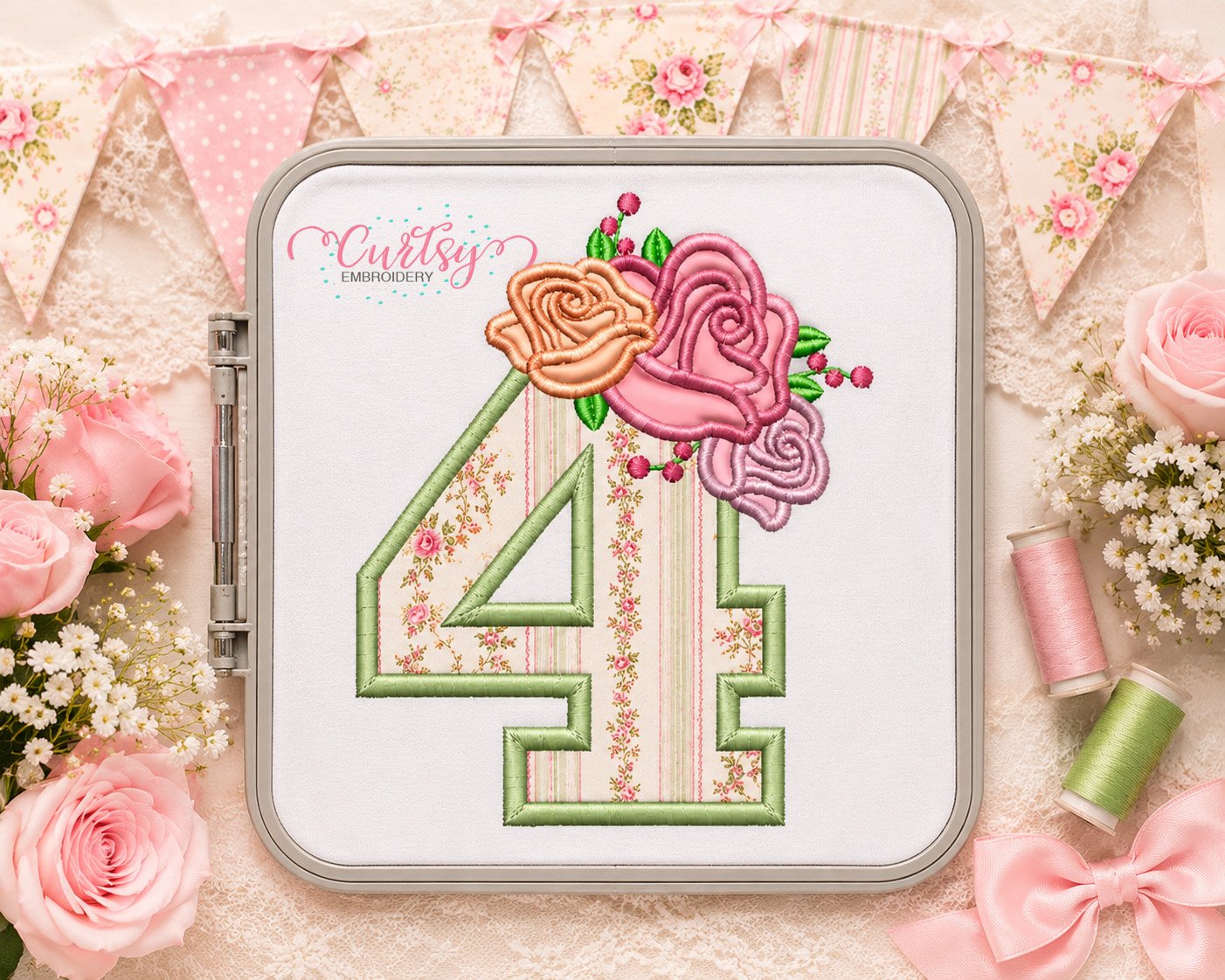 4th Birthday Roses Applique Design _ Logo 3 4th Birthday Roses Applique Design _ Logo 3