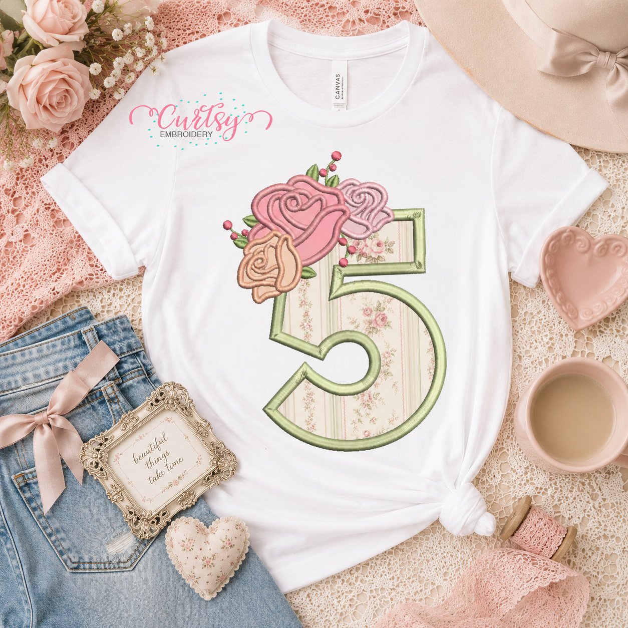 5th Birthday Roses Applique Design _ Logo 1