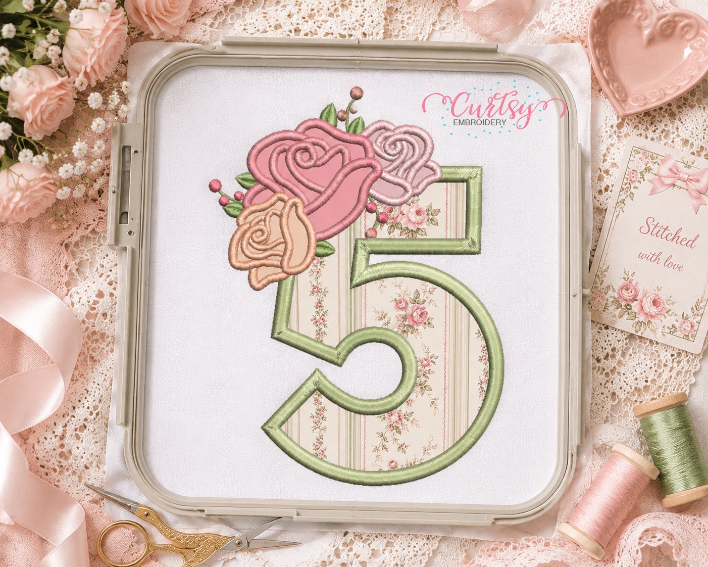 5th Birthday Roses Applique Design _ Logo 3 5th Birthday Roses Applique Design _ Logo 3