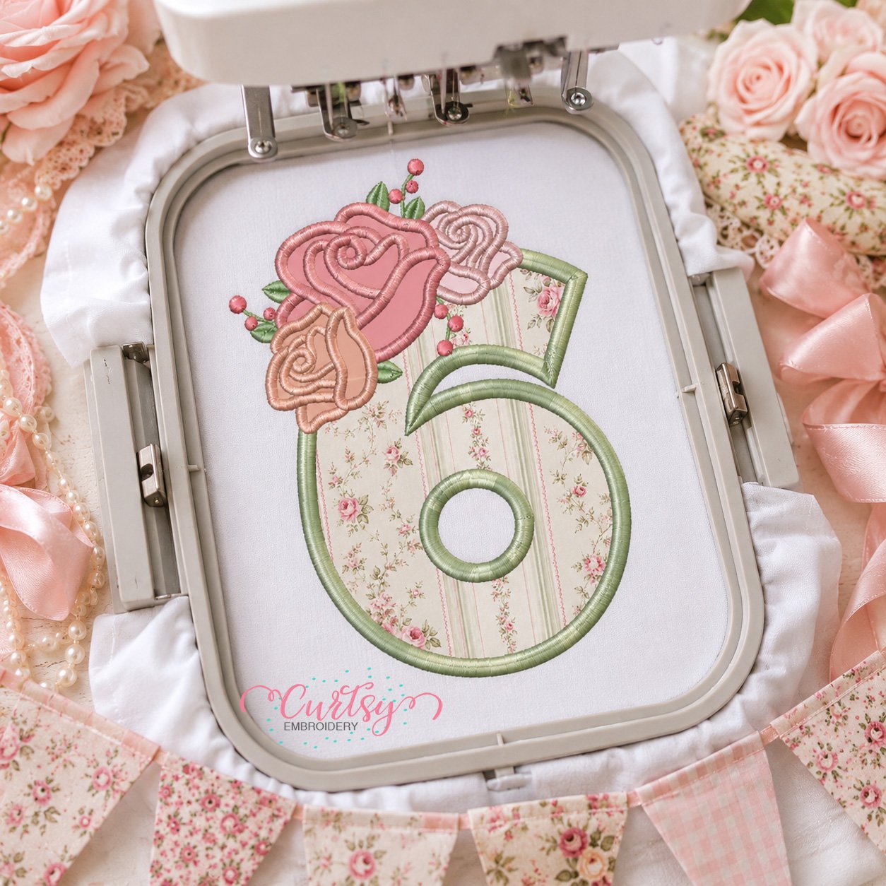 6th Birthday Roses Applique Design _ Logo 3