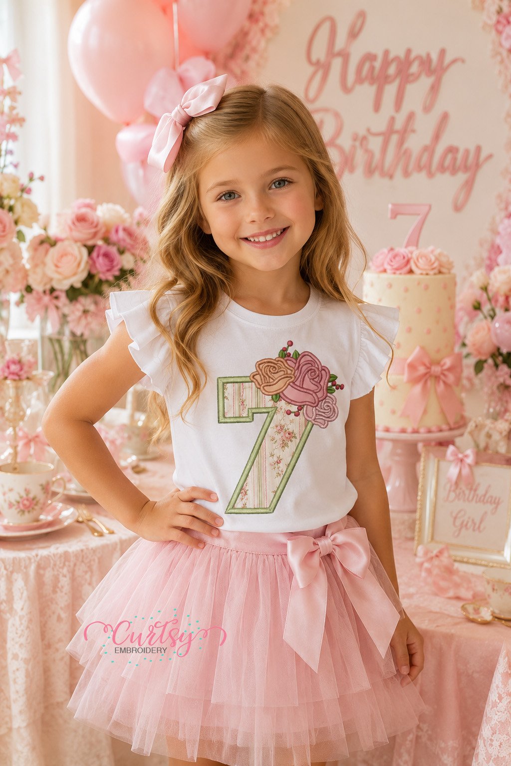 7th Birthday Roses Applique Embroidery Design _ Logo 2