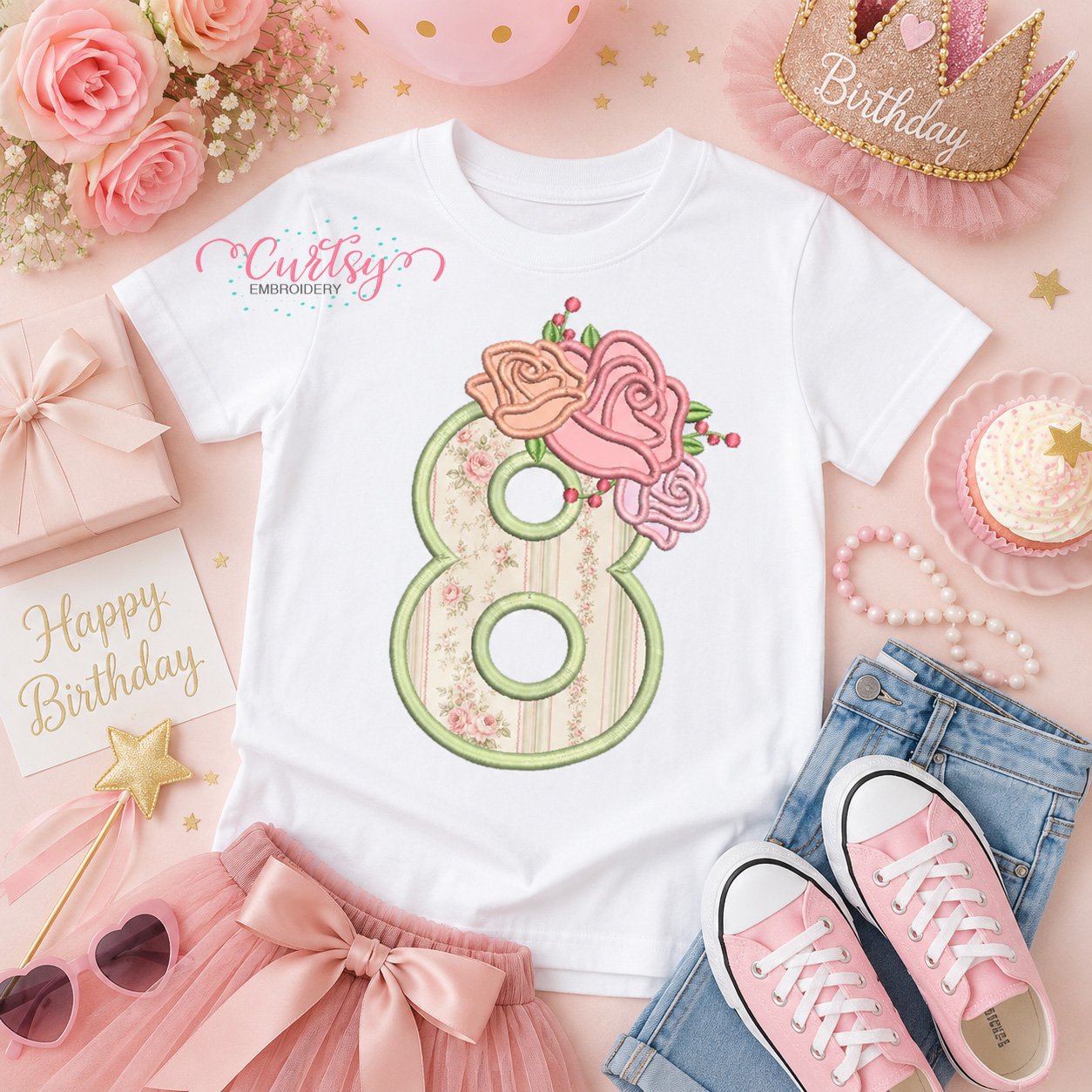 8th Birthday Roses Applique Design _ Logo 1