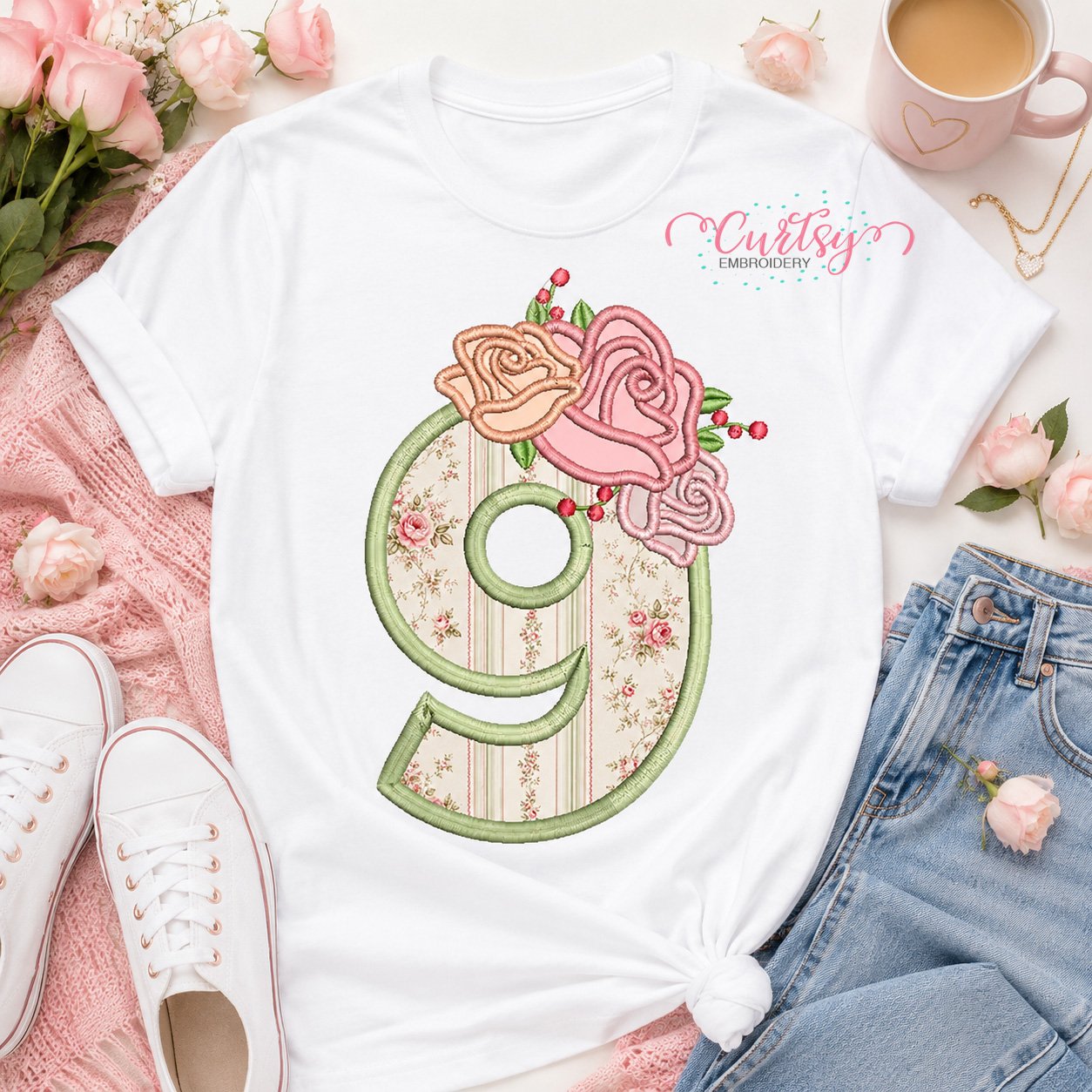 9th Birthday Roses Applique Design _ Logo 1