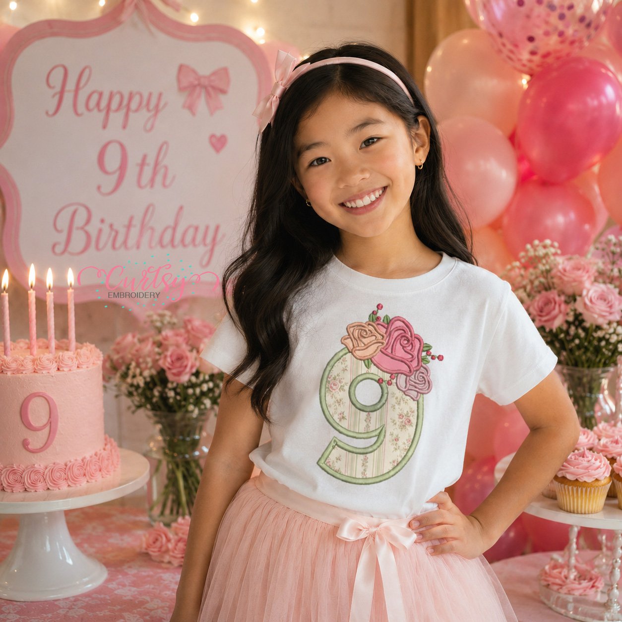 9th Birthday Roses Applique Design _ Logo 2