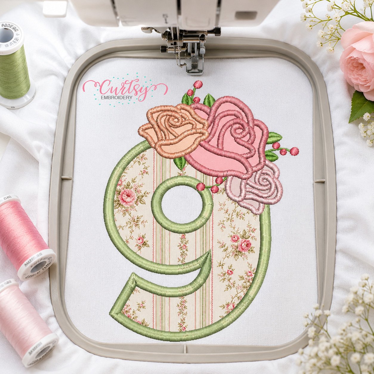 9th Birthday Roses Applique Design _ Logo 3