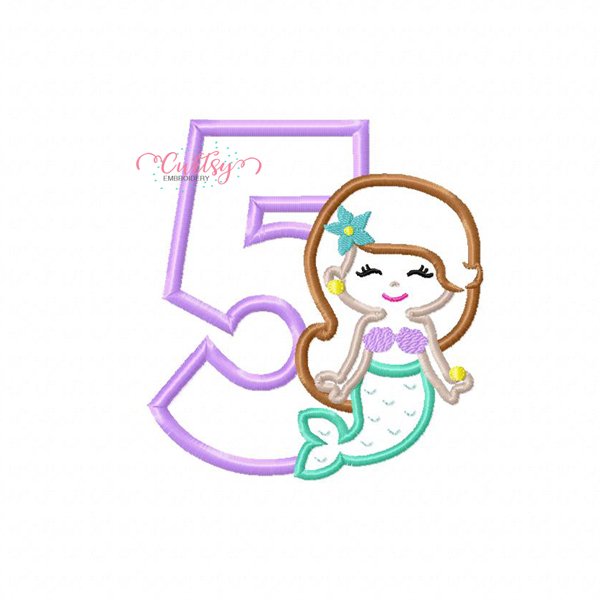 5 Mermaid Birthday Applique Design 5 Mermaid Birthday Applique Design