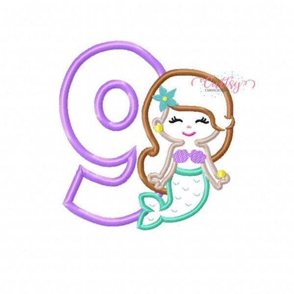 9 Mermaid Birthday Applique Design 9 Mermaid Birthday Applique Design