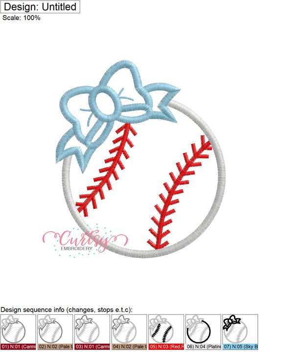 Baseball with Bow Applique Stitch Map 72 Baseball with Bow Applique Stitch Map 72