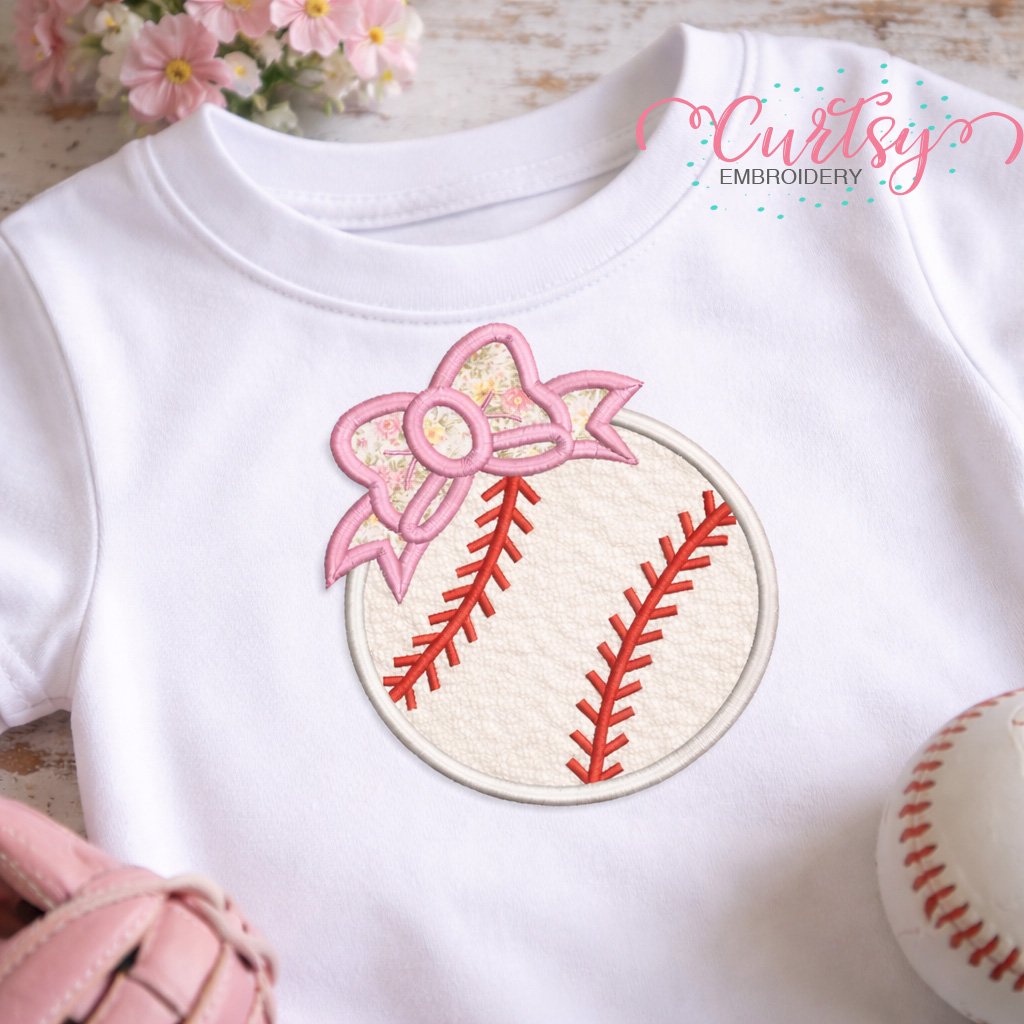 Baseball with Bow Applique logo 3 Baseball with Bow Applique logo 3