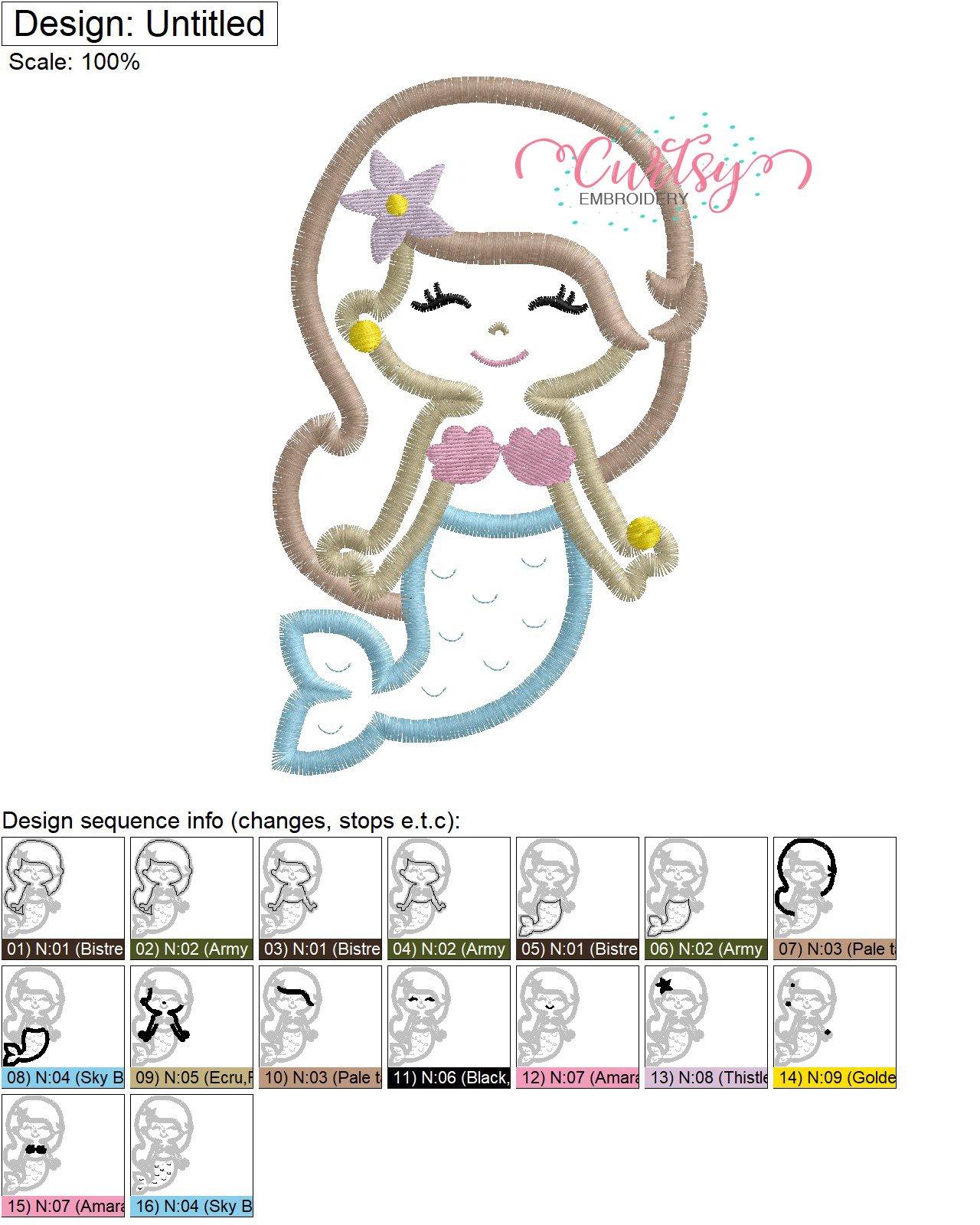 Mermaid Applique Design Stitch Map