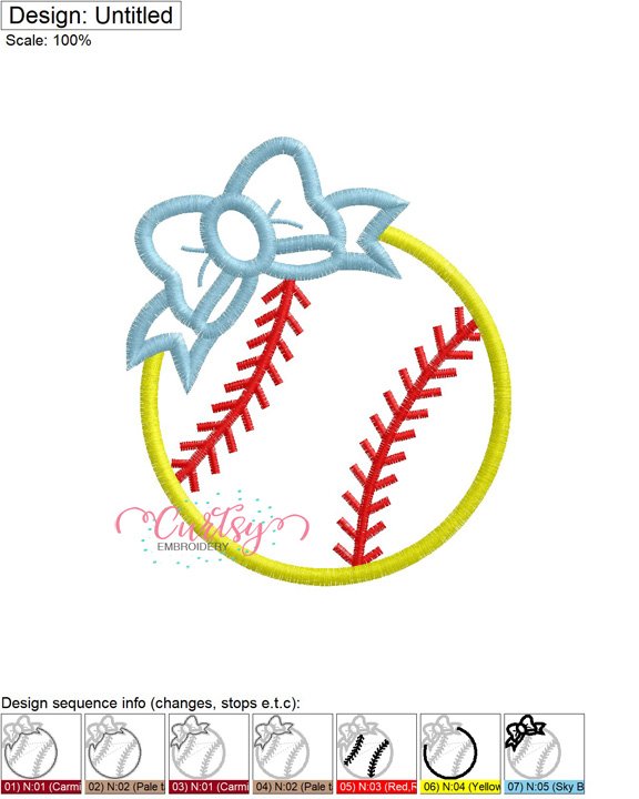 Softball with Bow Applique Design Stitch Map