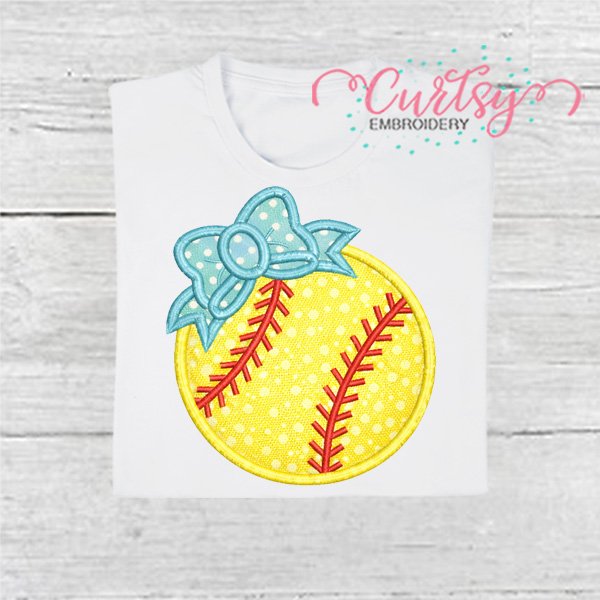 Softball with Bow Applique Embroidery Design 600