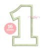 Embroidery software stitch simulation of a classic number 1 applique with a sage gingham fabric preview and matching satin-stitch border.