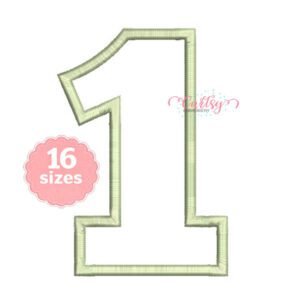 Embroidery software stitch simulation of a classic number 1 applique with a sage gingham fabric preview and matching satin-stitch border.