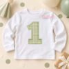 Birthday outfit mockup showing a white shirt with a sage gingham number 1 applique and matching satin-stitch border, styled with birthday props.