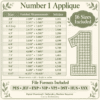 Number 1 applique size chart listing 16 sizes from 3 to 10 inches tall, finished measurements, stitch counts, and PES, JEF, EXP, VIP, VP3, DST, HUS, and XXX formats.