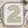 Sage gingham number 2 applique on white fabric in a gray plastic machine embroidery hoop, with a sage thread spool, embroidery scissors, and confetti nearby.