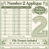 Number 2 applique chart showing 16 sizes from 3 to 10 inches tall, finished measurements, stitch counts, and PES, JEF, EXP, VIP, VP3, DST, HUS, and XXX formats.