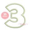 Number 3 applique embroidery design with sage and cream gingham fabric and a pale sage satin-stitch border.