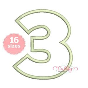 Number 3 applique embroidery design with sage and cream gingham fabric and a pale sage satin-stitch border.