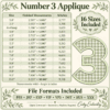 Number 3 applique chart showing 16 sizes, finished measurements, stitch counts, and PES, JEF, EXP, VIP, VP3, DST, HUS, and XXX formats beside a sage gingham design preview.