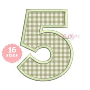 Number 5 applique machine embroidery design featuring a sage gingham fabric center and coordinating satin-stitch border.