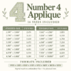 Number 4 applique chart showing 16 sizes, finished measurements, stitch counts, and PES, JEF, EXP, VIP, VP3, DST, HUS, and XXX formats.