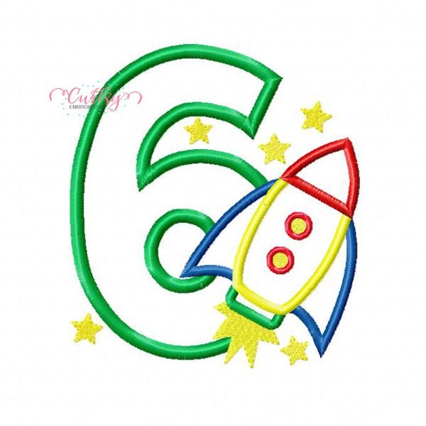 6th Birthday Rocket Ship Applique Design