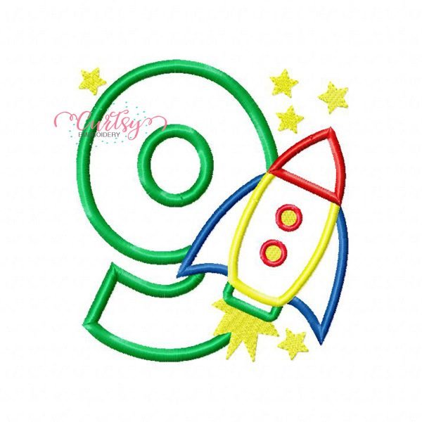 9th Birthday Rocket Ship Applique Design