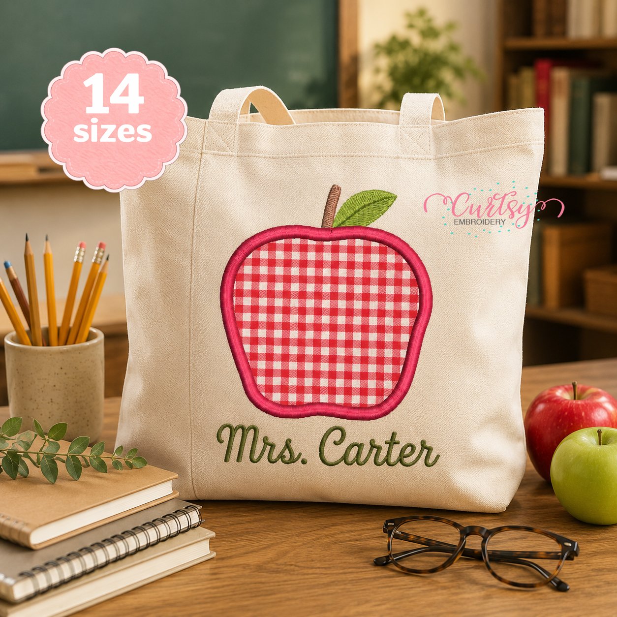Personalized teacher tote with a red gingham apple applique and Mrs. Carter embroidered in green thread