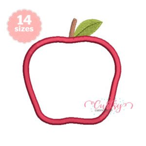 Red gingham apple applique embroidery design with a green stitched leaf and brown stem