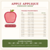 Apple applique embroidery design size chart with 14 measurements, stitch counts and eight file formats