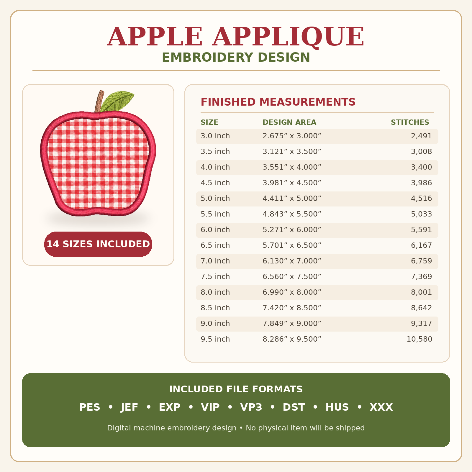 Apple applique embroidery design size chart with 14 measurements, stitch counts and eight file formats