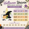Halloween unicorn applique design sizes and embroidery file formats