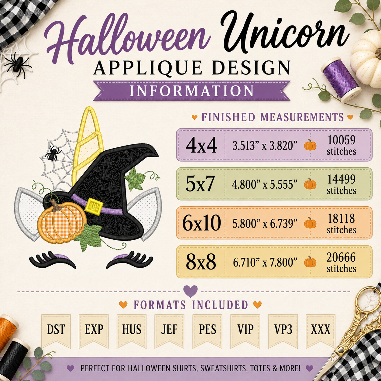 Halloween unicorn applique design sizes and embroidery file formats